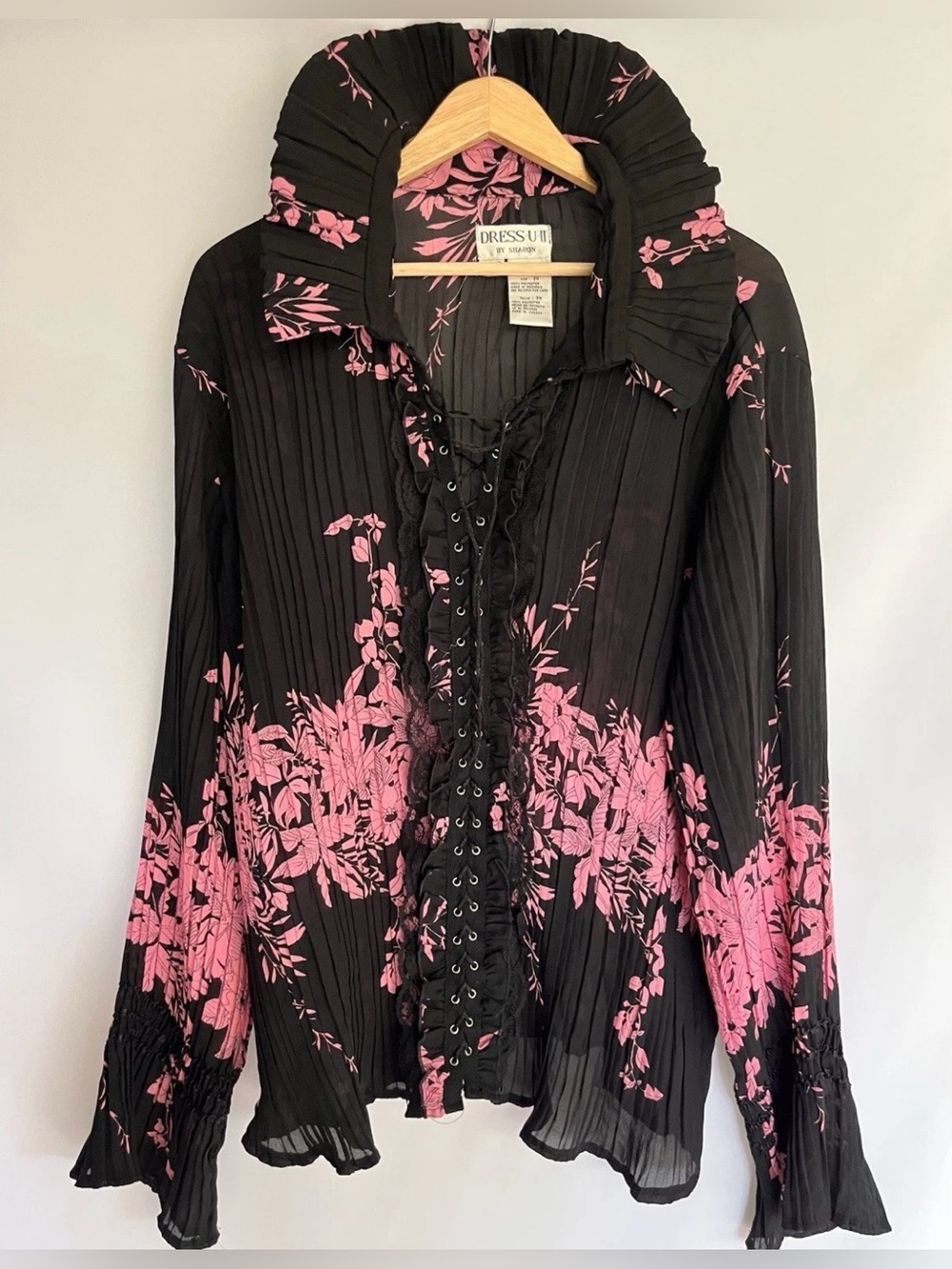 Vintage Dress U by Sharon Black Pink Chiffon Sheer Bell Sleeve Whimsigoth Top 3X